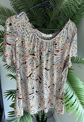 #ad TravelSmith Large Paisley Boho Short Sleeve Top Stretch Comfy Travel Chic Career $12.00