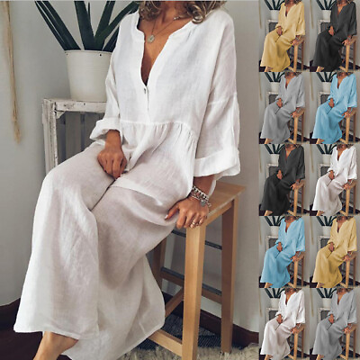 #ad Spring Women Cotton Linen V Neck Baggy Kaftan Maxi Dress Loose Long Sleeve Dress $23.89