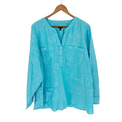 #ad Talbots Blue 100% Linen V Neck Popover Blouse Long Sleeve Womens Plus Petite 3XP $29.99