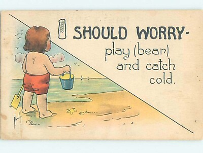 #ad Pre Linen comic signed BOY PLAYS WITH PAIL AND SHOVEL BEACH : clearance HL2567 C $2.75