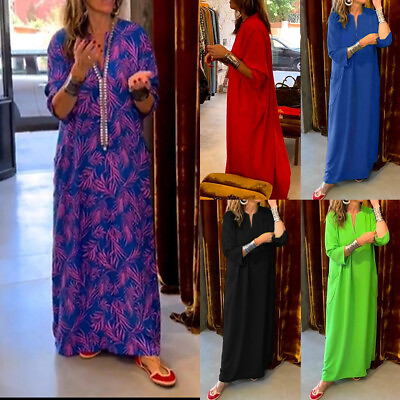 #ad Women Boho 3 4 Sleeve V Neck Dress Ladies Holiday Kaftan Maxi Dresses Plus Size $26.21