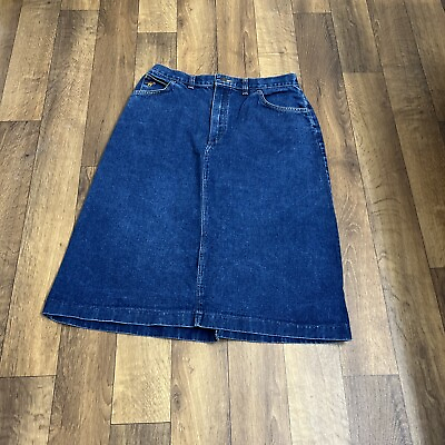 #ad Vintage Wrangler Skirt Misses 16 Blue Denim Back Slit Midi Pockets made in USA $65.57