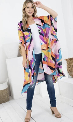 #ad ladies Colorful print kimono Swim cover up NWT Bohemian Summer $26.00