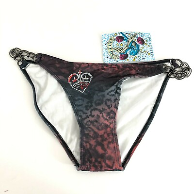 #ad Sinful by Affliction Bikini Bottom Chain Rhinestones Heart Leopard Red Gray L $19.99