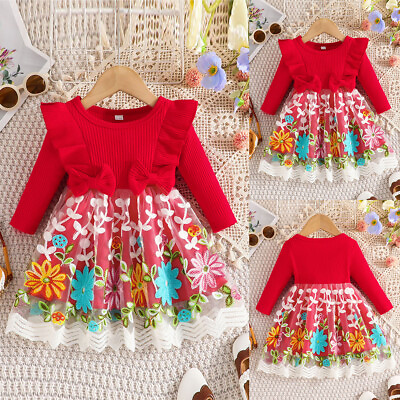 #ad Baby Girl Cute A Line Long Sleeve Tutu Dress Plantamp;Flowers Print Party Gowns US $16.79