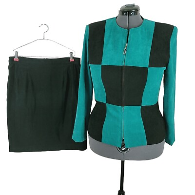 #ad Jessica Howard Skirt Suit Size 16 Faux Suede Colorblock Front Zip Jacket Aqua $39.96