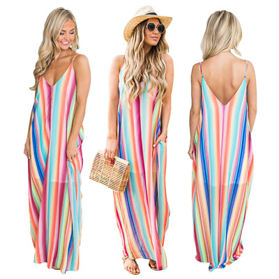 #ad 2022 Summer Dresses for Women Boho Off Shoulder V Neck Long Beach Dresses Party $29.99