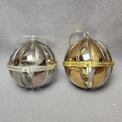 #ad Dillard#x27;s Trimmings Glass Hinged 3quot; Ball Christmas Ornaments Gold amp; Silver Pair $18.00