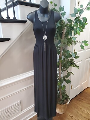 #ad Grecerelle Women#x27;s Black Solid Rayon Round Neck Sleeveless Long Maxi Dress Large $35.00