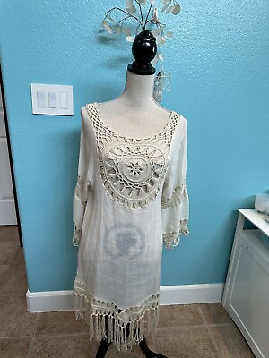 #ad Italy Imported Ivory Crochet Tasseled Cover Up Women#x27;s One Size Cotton Viscosa $27.59