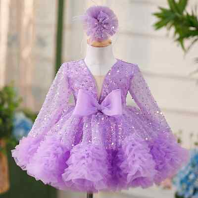 #ad Girl Sequin Long sleeved Princess Dress Fashion V Neck Birthday Banquet Dress $144.07