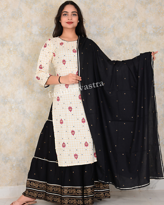 #ad Indian Party Wear Kurti Skirt for Women Designer Rayon Black Kurta Palazoo Set $32.29