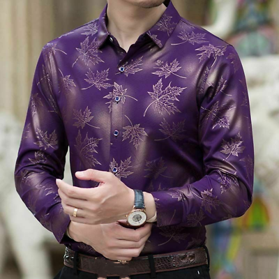 #ad Mens Casual Tree Leaves Pattern Slim Blouse Tops Long Sleeves Party Dress Shirts $30.87