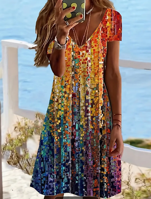 #ad Vacation Rainbow Rain Size Large Women#x27;s Short Sleeve V Neck Boho Dress Beach $24.99