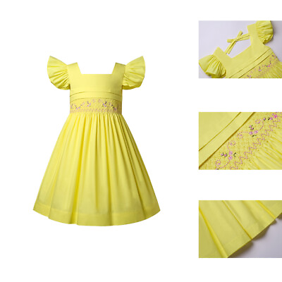 #ad Girls Summer Holiday Dress Yellow Smocked Floral Embroideried Dress 4 14 Years $36.99