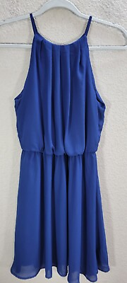 #ad Francesca#x27;s Lush Blue Flare Mini Halter Dress Pleated Flowy Cocktail Size S NWT $18.91