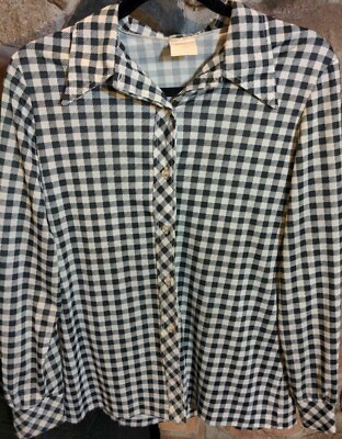 #ad Sears Womens Vintage Black and White Polyester Button Down S M Made in USA $10.49
