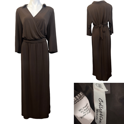 #ad NY Collection maxi dress plus size 1X brown long sleeve faux wrap office modest $14.40