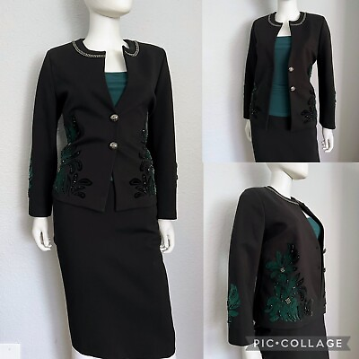 #ad #ad NWT WOMEN SKIRT SUIT 3P SET BLACK BLAZER SKIRT LINED LONG SLEEVES ROUND NECK$600 $250.00