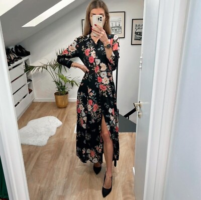 #ad Zara black floral Button Down Maxi Dress 3 4 Sleeve Women Size Small $40.00