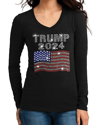 #ad Junior#x27;s Rhinestone Trump 2024 USA Flag V Neck T Shirt L S President America US $19.99
