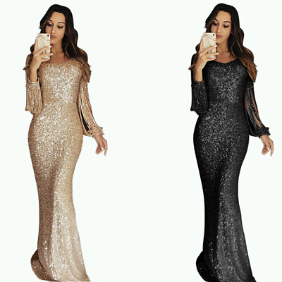 #ad Evening Dress Women Bodycon Maxi Cocktail Party Sleeve Long Sequin Sexy V Neck $22.88