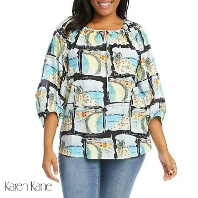 NWT Karen Kane Plus Boho Printed Peasant Blouse Tunic Top 0X 2X $68.99