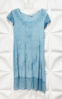 #ad Raya Sun Sz M Blue Chambray Denim Style Embroidered Cap Sleeve Shift Dress Rare $32.89