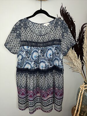 #ad Umgee Sz L Boho Short Sleeve Dress Crochet Lace Tunic Shift Lightweight Dress $15.00