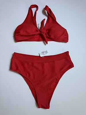 #ad CUPSHE Bikini Set for Women Two Piece Swimsuits High Waist Red Sz XL $23.92