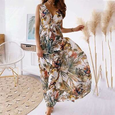 #ad Womens Holiday Sundress Long Maxi Dress V Neck Summer Ladies Boho Floral $20.08