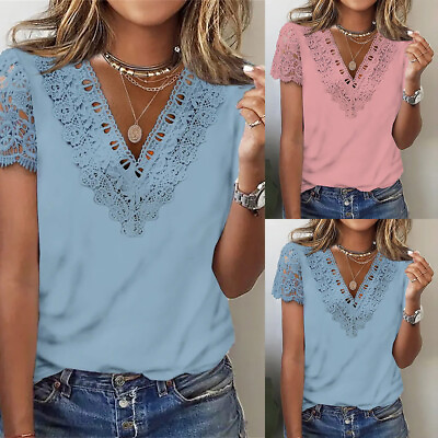 #ad Women Summer Lace V Neck Party Tops Ladies Short Sleeve Casual Blouse Shirt Tee $17.65