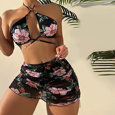 #ad Women#x27;s 3 Pieces Floral Print Tie Front Bikini Swimsuit With Split Beach Skirt $19.99