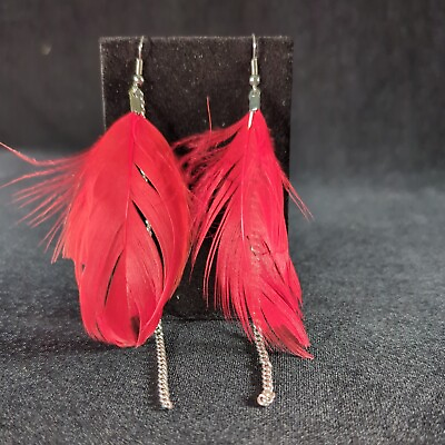 #ad Red Faux Feather Hook Earring with Chain Southwest Boho For Pierced Ears $10.81