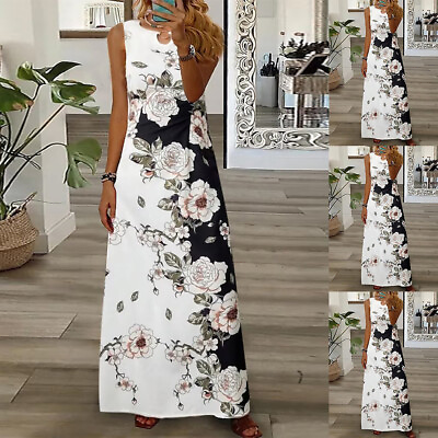 #ad Womens Summer Casual Floral Printed Bohemian Floral Sleeveless Long Maxi Dress $17.49