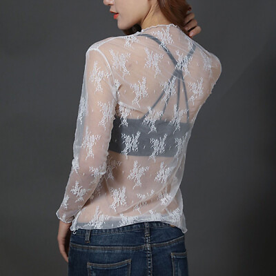 Women Lace Blouses Sexy Mesh Blouses See through Long Sleeve Floral Tops Shirt $3.56