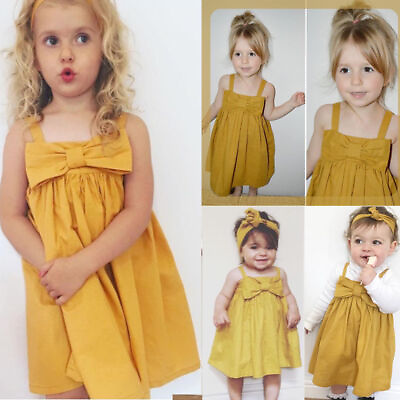 #ad Baby Girls Summer Dress Sling Solid Color Pleated Ruffle Big Bow Dress $8.99