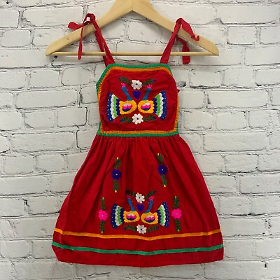 #ad Red Sundress Embroidered Peacocks Fiesta Party Dress Girls Sz 6 8 Handmade? $20.09