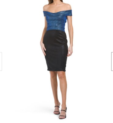 #ad RENE RUIZ Off the Shoulder Metallic Blue Black Layered Cocktail Dress SIZE 8 $69.00