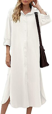 #ad Sopliagon Women Cotton and Linen Shirt Dress Casual Loose Maxi Dresses $64.39