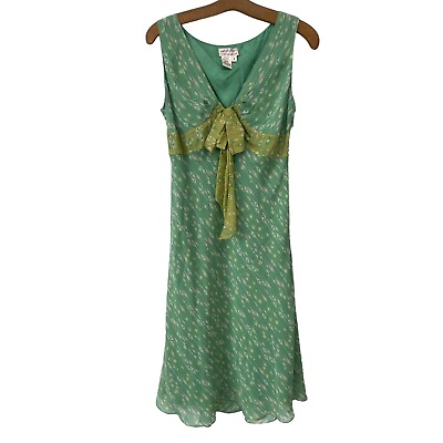 #ad Y2K MSSP Max Studio Products Geometric Silk Dress Women 6 Green Lined Bias VNeck $31.99