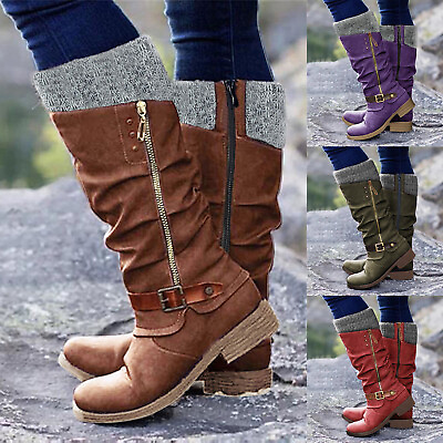 #ad Womens Heel Knee High Flat Riding Boots Wide Calf Winter Snow Boot Shoes Size $27.09