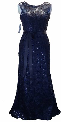 #ad 💯Tahari Belted Soutach Embroidered Cocktail Party Long Dress Navy Size 12 $218 $78.00