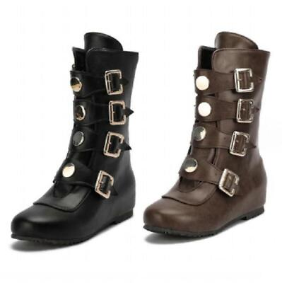 #ad Women#x27;s Round Toe Buckle Flat faux Leather Retro Ankle Boots plus size $53.46