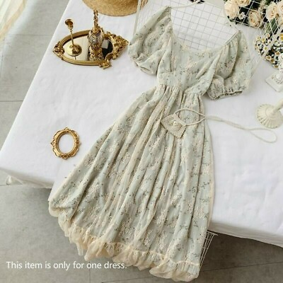 #ad Ladies Floral Tea Dress Puff Short Sleeve Mesh Ruffle Retro Lace Fashion Elegant $41.81