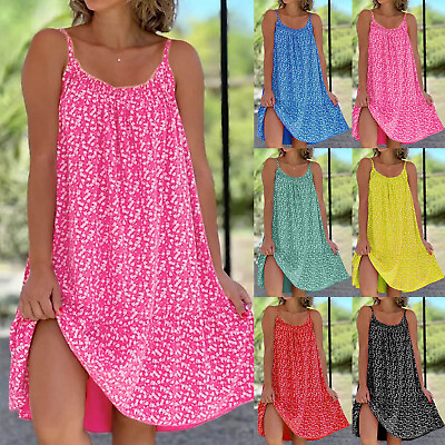 #ad #ad Women Summer Ruffle Holiday Dress Ladies Boho Beach Sleeless Strap Sun Dresses $17.79