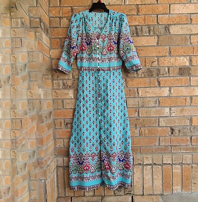 #ad Maxi Dress Size S Button Front V neck 3 4 Roll Tab Sleeves Aqua Floral $17.69
