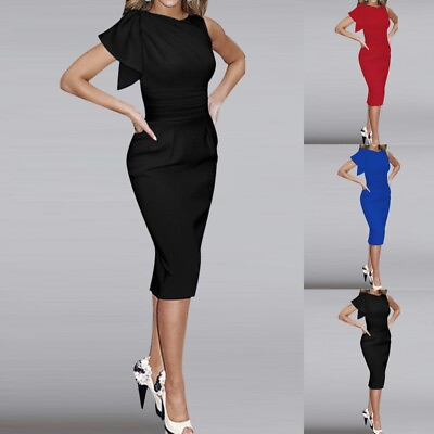 #ad Womens Bodycon Sexy Midi Dress Plain Cocktail Evening Party Ball Gown Dresses 12 $21.09