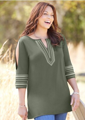 #ad Catherines Plus Size Olive Green Embroidered Split Sleeve Tunic Top Shirt Boho $29.97