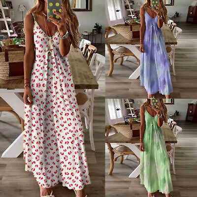 Plus Size Women#x27;s V Neck Maxi Long Dress Ladies Summer Beauty Loose Boho Dresses $5.69